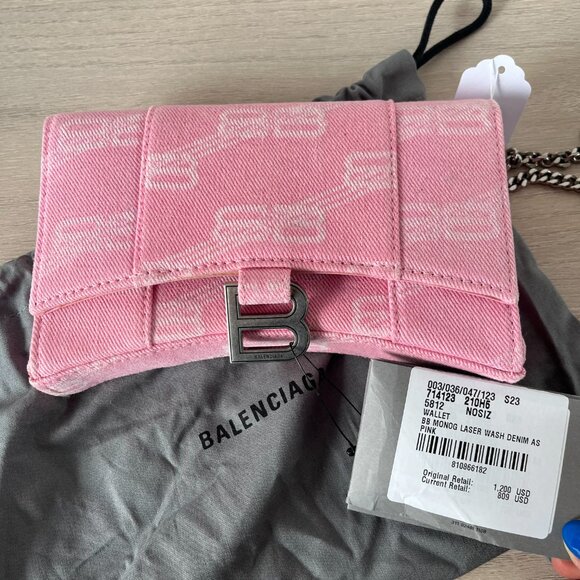 NWT Balenciaga Hourglass Wallet On Chain Pink Denim BB Monogram Laser Wash - Picture 8 of 8